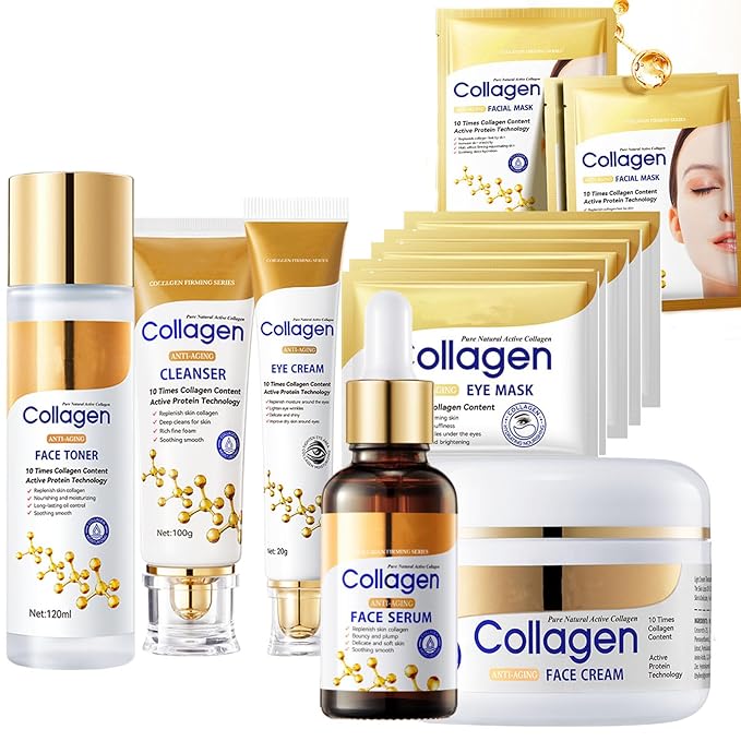 Collagen face wash sets for women, 13 Pcs Skin Care Set , Facial Kit with Facial Cleanser Toner Eye Cream Face Serum Face Cream Face Mask Eye Mask