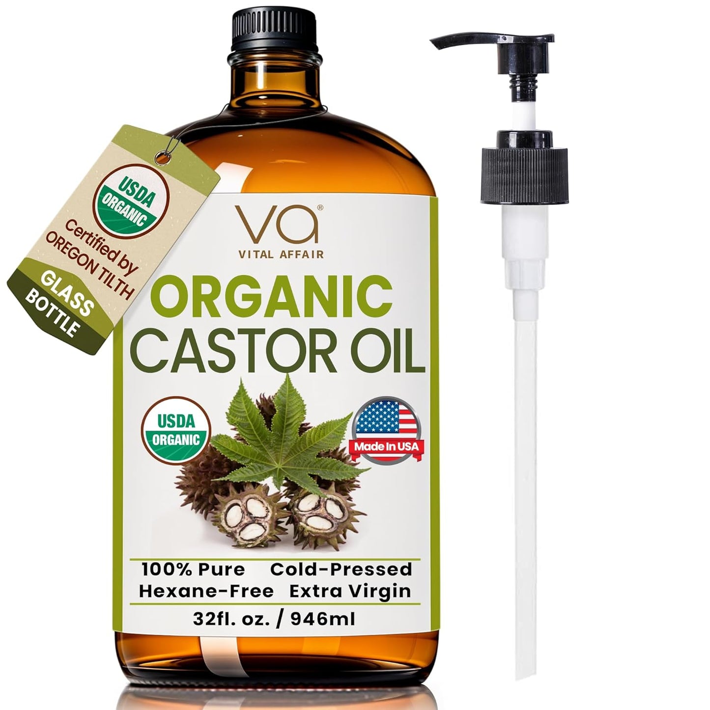 Pure Organic Castor Oil 32oz – Cold Pressed, Unrefined, USDA Organic – Glass Bottle for Hair Growth, Eyelashes, Eyebrows, Face & Castor Oil Packs