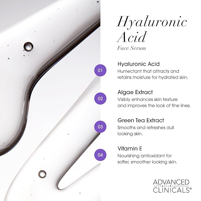 Advanced Clinicals Hyaluronic Acid Serum For Face | Moisturizing Facial Skin Care Products | Hydrating Serum For Face Helps Improve Look Of Wrinkles, Fine Lines, & Uneven Dry Skin Texture, 1.75 Fl Oz