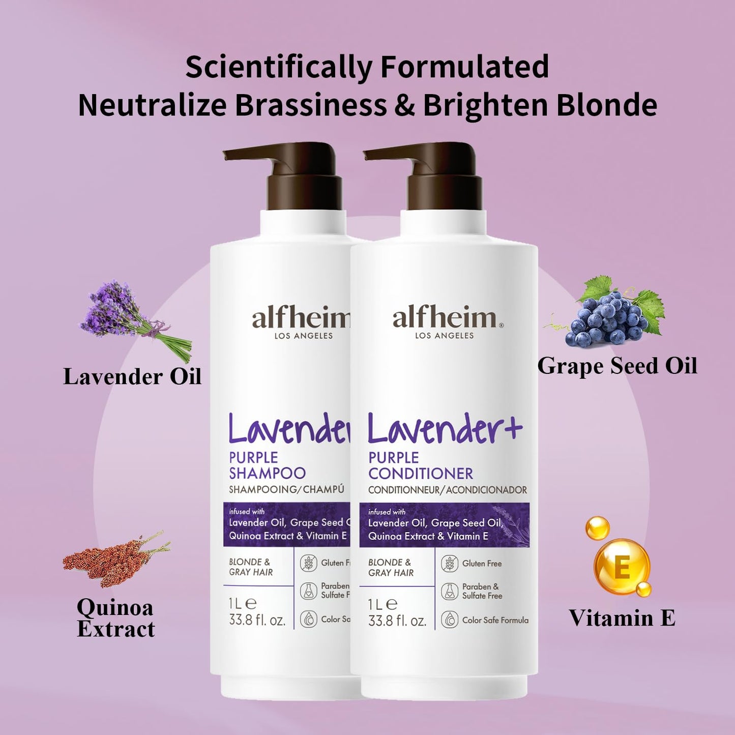 ALFHEIM Lavender+ Purple Shampoo & Conditioner Set for Blonde, Silver & Color-Treated Hair – Hydrates & Restores Cool Radiance – with Quinoa Extract & Vitamin E – Sulfate Free – 33.8 oz / 1000 ml × 2