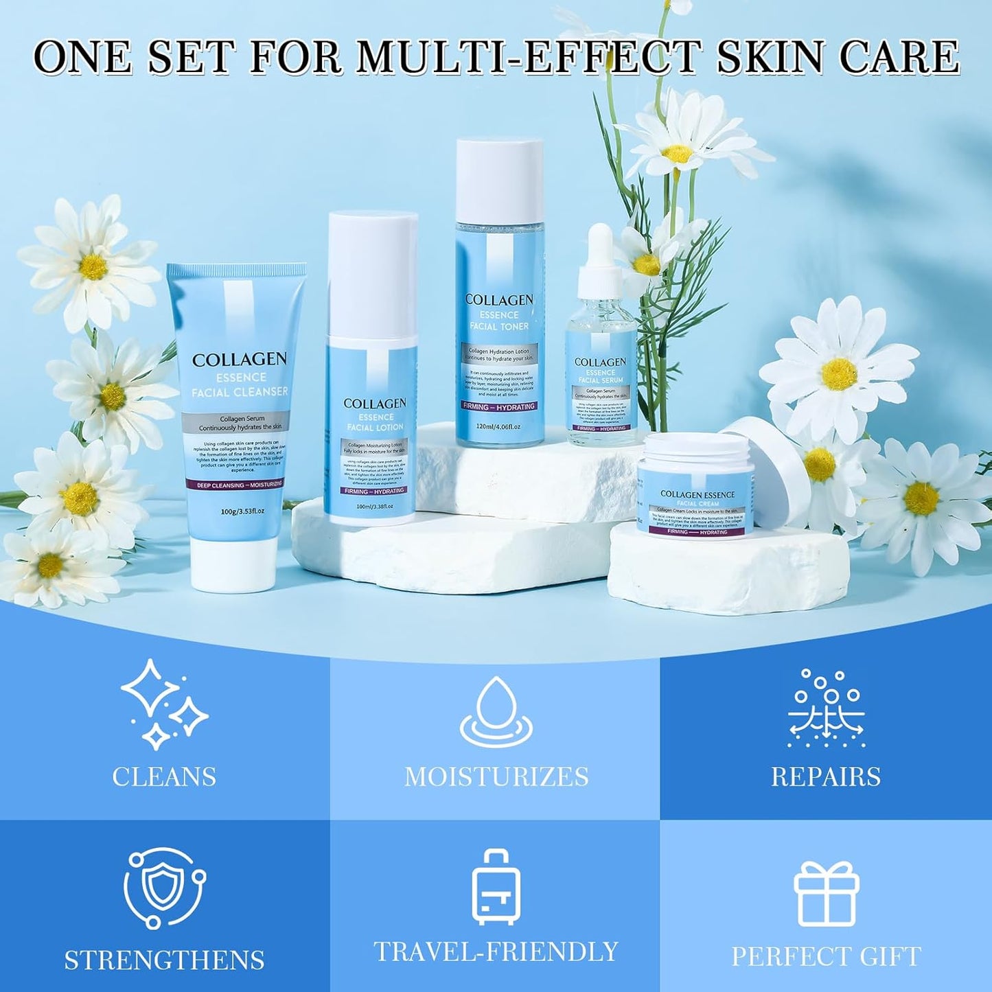 Collagen Skin Care Sets, 5 Pcs Facial Set for Skin Care for Women with Cleanser, Serum, Toner, Lotion & Cream, for Firming Skin, Reduce Wrinkles
