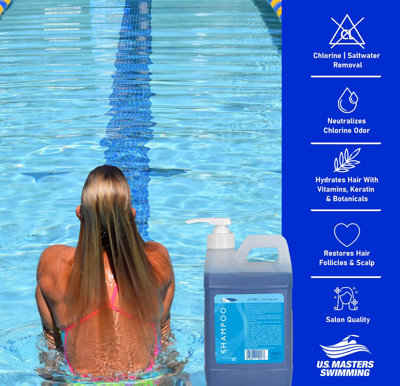 TRISWIM Swim Shampoo Chlorine Removal Jug 64oz with Pump | Removes Chlorine, Bromine, & Mineral Build-up | Moisturizes with Aloe Vera & Vitamins | Perfect for Swimmers and Active Individuals