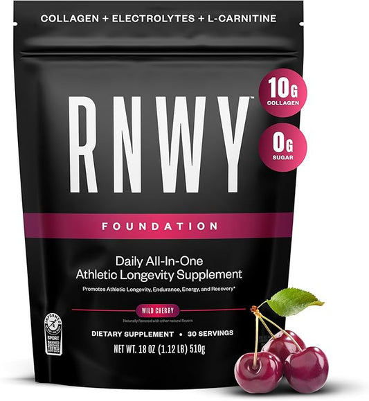 RNWY Foundation Collagen + Hydration Powder, Daily Joint Support with Electrolytes, Wild Cherry, 10g Collagen Peptides, 30 Servings