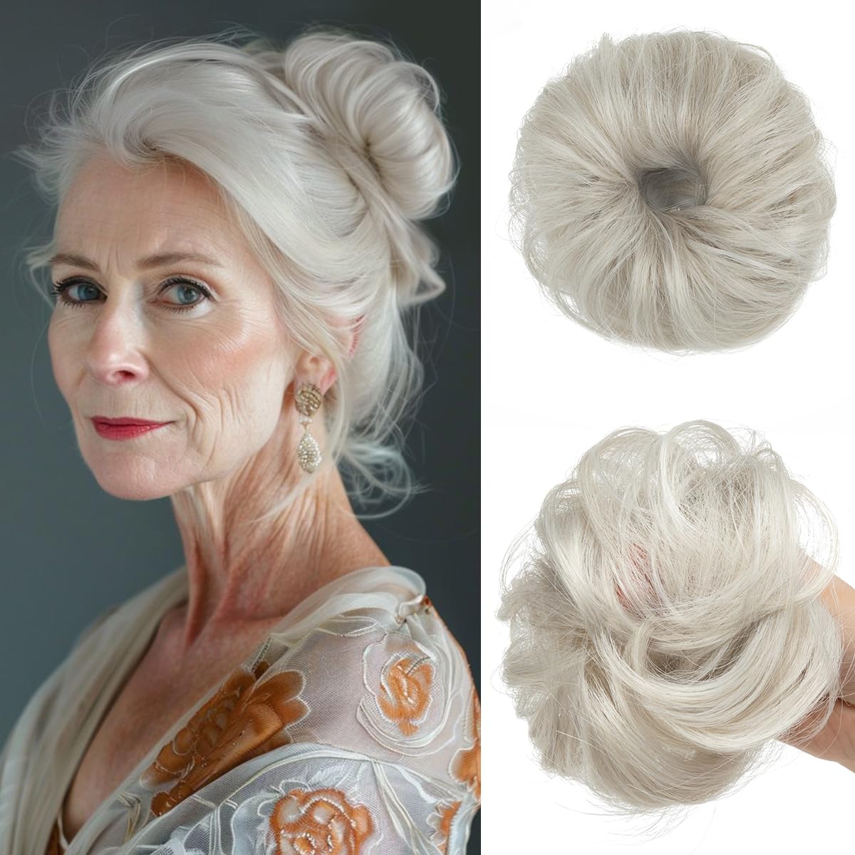 CJL HAIR 2PCs Small Cute Messy Bun Hair Piece for Thin Hair Women Mini Synthetic Curly Bun Scrunchies Updo Hairpieces Ice Blonde