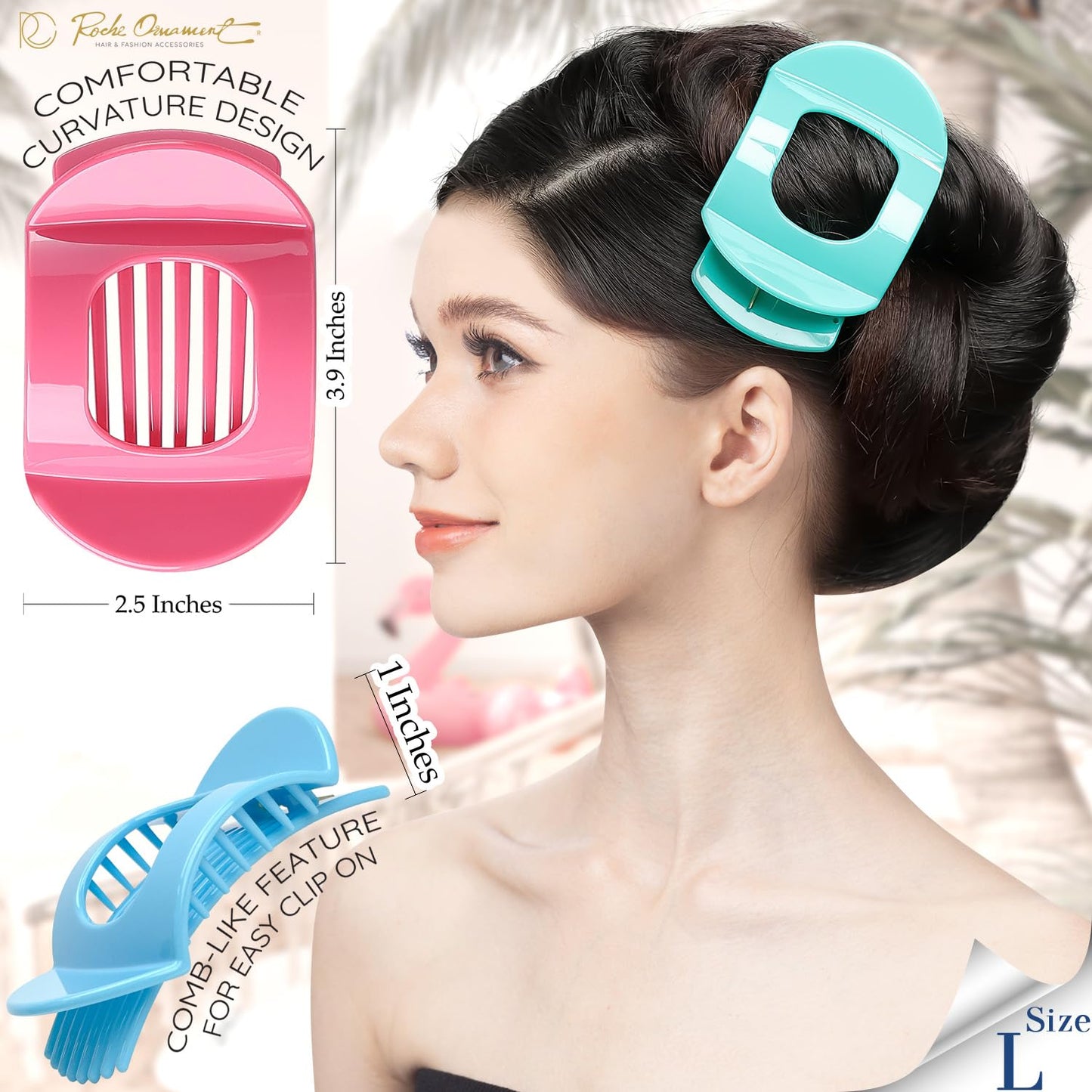 RC ROCHE 6 Pcs Flat Claw Hair Clips for Women Thick Hair French Round Duckbill Square Secure Strong Hold Grip Clamps Barrettes Curved No Slip No Crease Styling Cute Extra Jumbo XL, Large Pastel