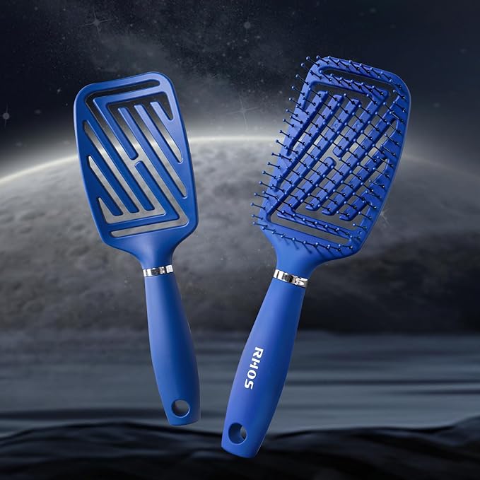 RHOS Curved Vented Detangling Hair Brush for Men, Faster Blow Drying/Styling,Paddle Vent Detangler Brush for Short,Thin,Bangs,Wet&Dry Hair(Blue)