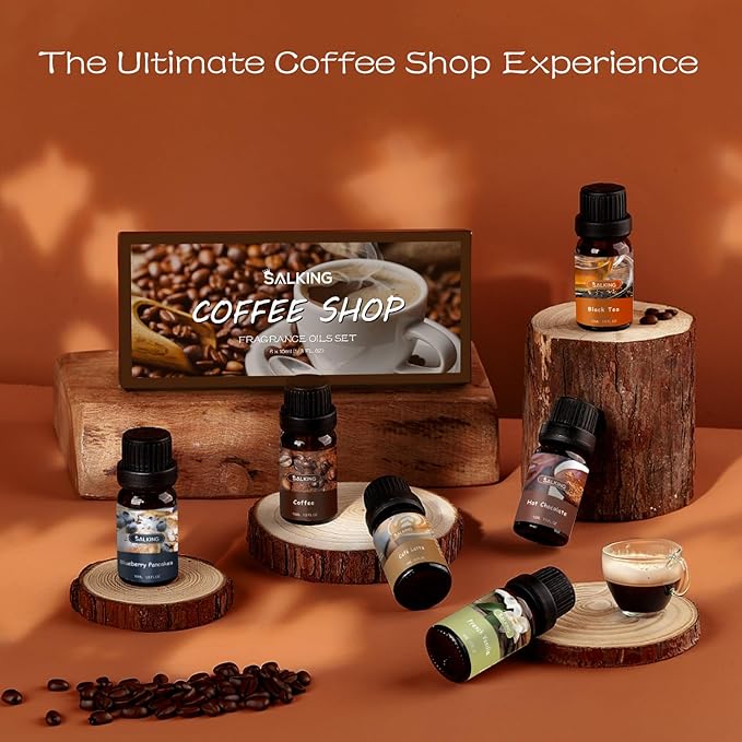SALKING Coffee Shop Fragrance Oils Set, Premium Essential Oils Set for Diffuser, Scented Oil for Soap & Candle Making - Blueberry Pancakes, Coffee, Café Latte, Hot Chocolate, French Vanilla, Black Tea