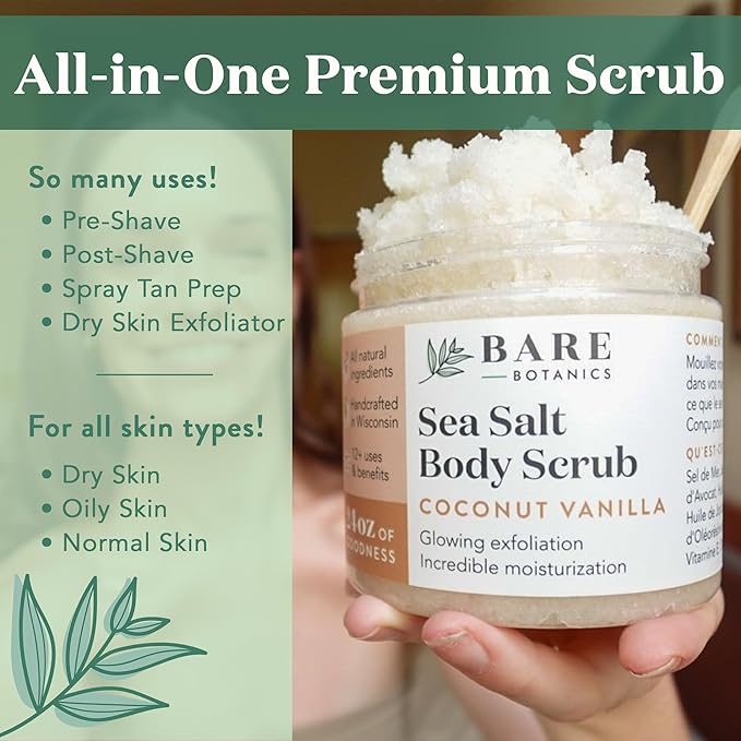 Bare Botanics Lavender Tea Tree Body Scrub 24oz | Made in Madison, WI | All Natural Sea Salt Exfoliator w/ Skin Loving Moisturizers | Vegan & Cruelty Free | Gift Ready Packaging w/ a Cute Wooden Spoon