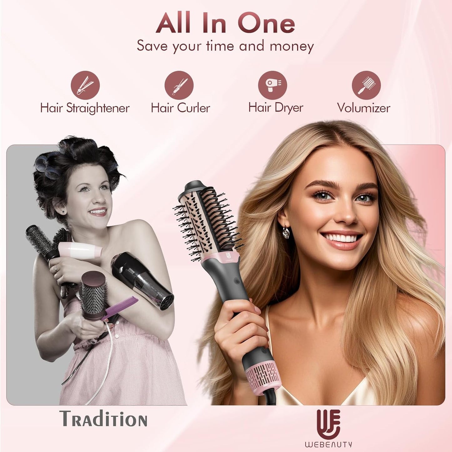 Blow Dryer Brush Hair Straightener: High Speed Hot Air Styler 110,000 RPM for Fast Drying Straightening Volumizing, One Step Volumizer with PTC Smoothing Comb Negative Ion for Silky Frizz-Free (Grey)