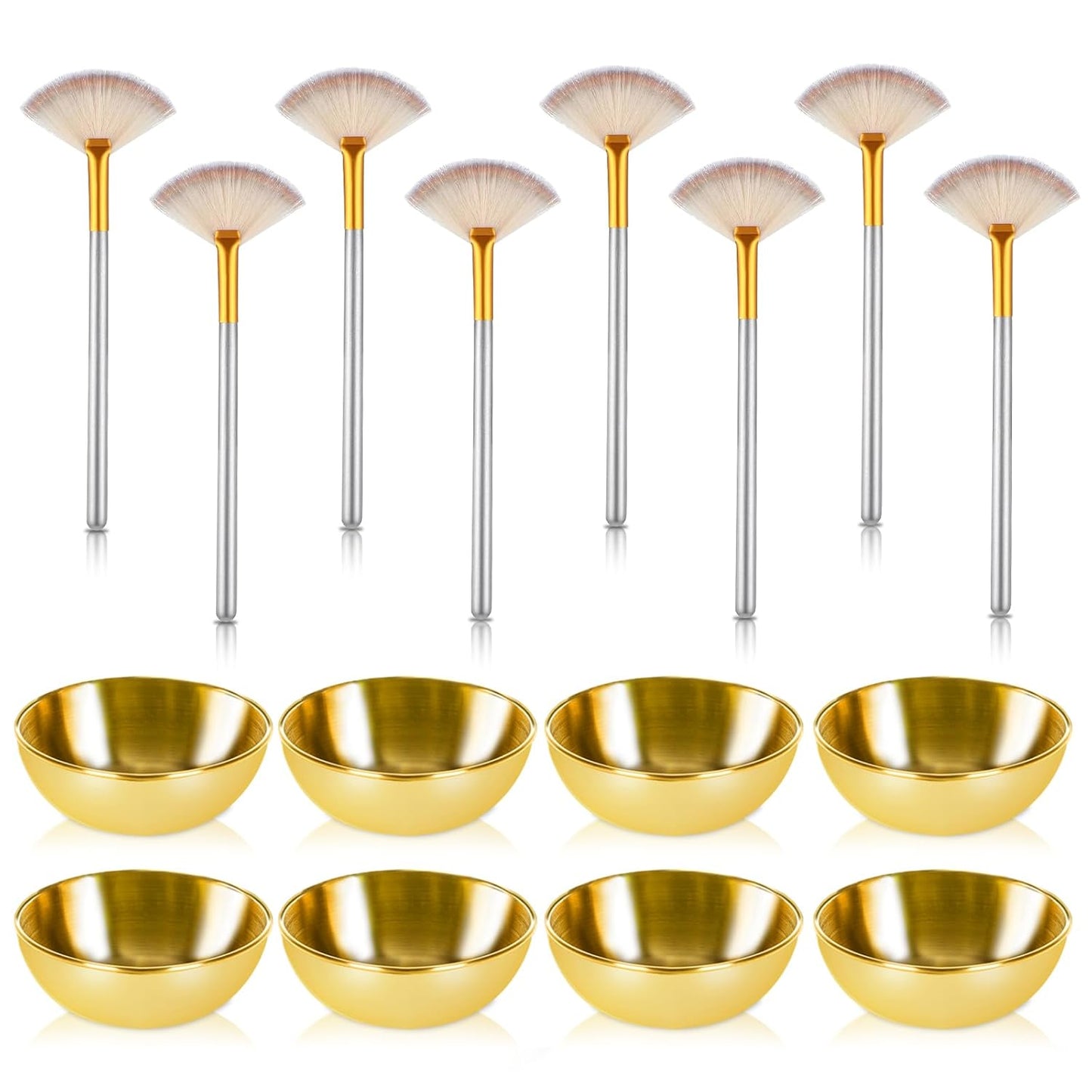 16 Pcs Gold Facial Bowl and Brush Set 8 Facial Fan Brushes Esthetician 8 Gold Facial Mixing Bowls Esthetician Stainless Steel Mixing Bowls Face Mask Brush for Mud Cream Makeup Spa Salon Women