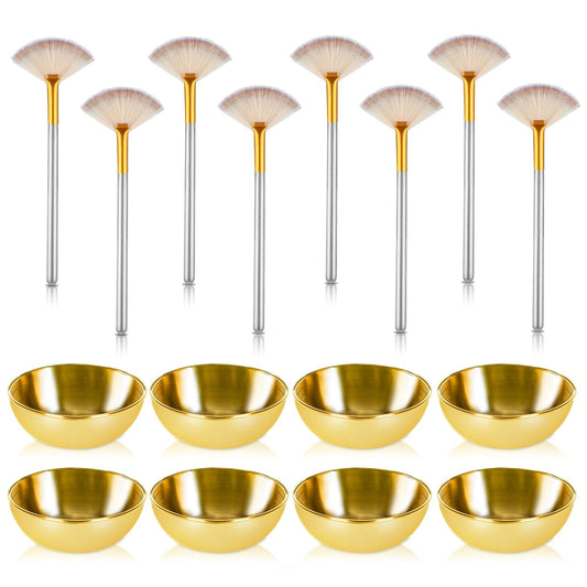 16 Pcs Gold Facial Bowl and Brush Set 8 Facial Fan Brushes Esthetician 8 Gold Facial Mixing Bowls Esthetician Stainless Steel Mixing Bowls Face Mask Brush for Mud Cream Makeup Spa Salon Women