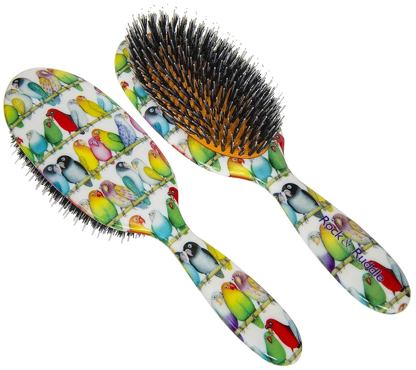 Rock & Ruddle Natural Mixed Boar Bristle Hair Brush for Women and Kids (Large, 21cm) - Perfect for Wet or Dry Hair, Detangling Smoothing Blowdrying - Designed & Made in UK - Lovebirds Design