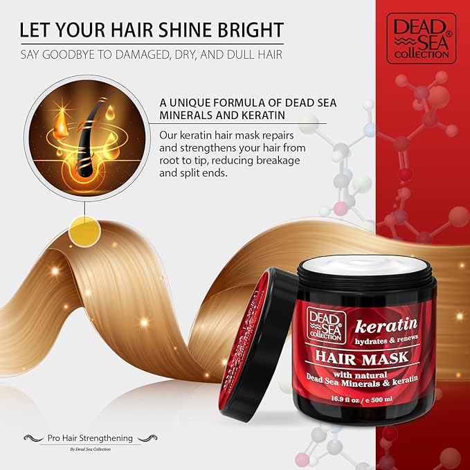Dead Sea Collection Keratin Hair Mask - Repair, Strengthening and Hydrating Treatment for Damaged Hair - with Nourishing Dead Sea Minerals and Keratin - 16,9 Fl. Oz