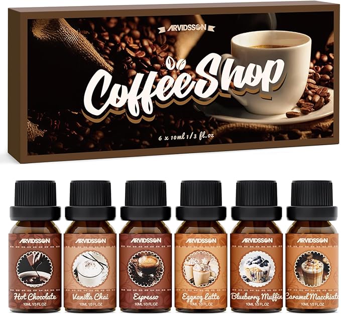 ARVIDSSON Coffee Fragrance Oils Set, Premium Essential Oils for Diffuser, Espresso, Vanilla Chai, Hot Chocolate, Blueberry Muffin, Eggnog Latte, Caramel Macchiato, Coffee Shop Scented Oils