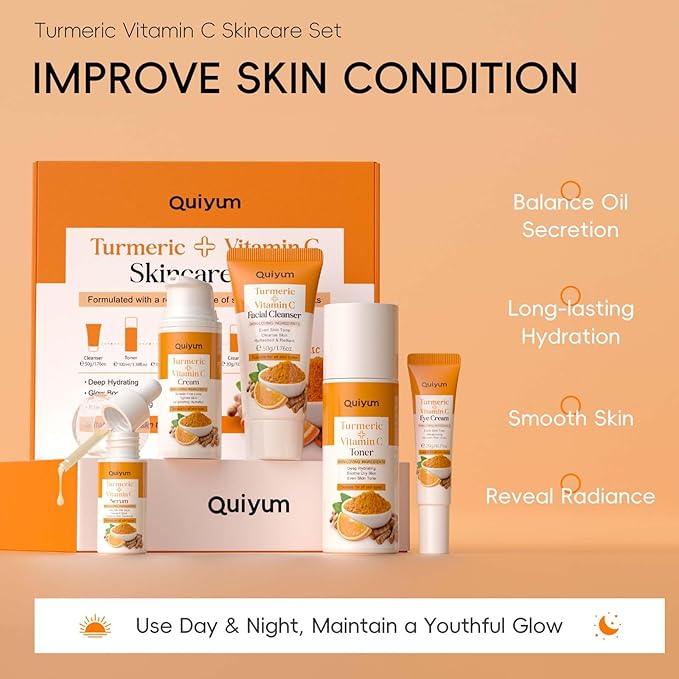 Turmeric Vitamin C Skin Care Set,5 Piece Gentle Skin - Turmeric Cleanser,Toner,Serum,Eye Cream,Moisturizer,to Cleanses, Soothing, Hydrating Skin, Skin Care Set for All Skin Type