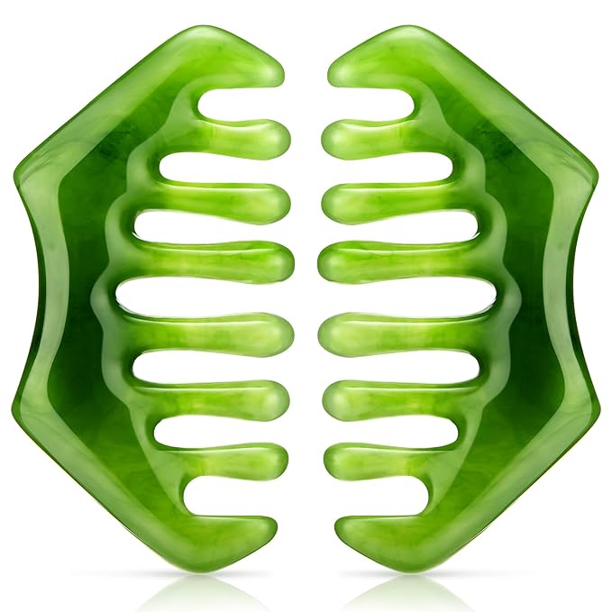 Geiserailie 2 Pieces Jade Combs Massage Stone Hair Gua Sha Scraping Scalp Comb Facial Massage Tool Multifunctional Handheld Head Tools Head Caring Therapy Mother's Day Gift (Dark Green Style)