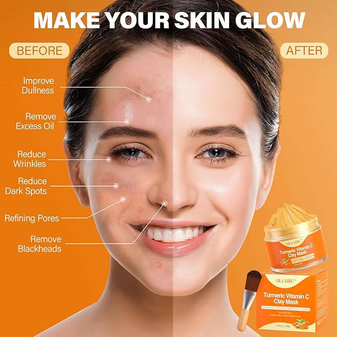 Turmeric Vitamin C Clay Mask for Dark Spots, Dull Skin, Blackheads, Skincare Facial Mask for Cleansing Pores, Moisturizing and Improve Uneven Skin Tone, Face Skincare Gift, 5.29 oz