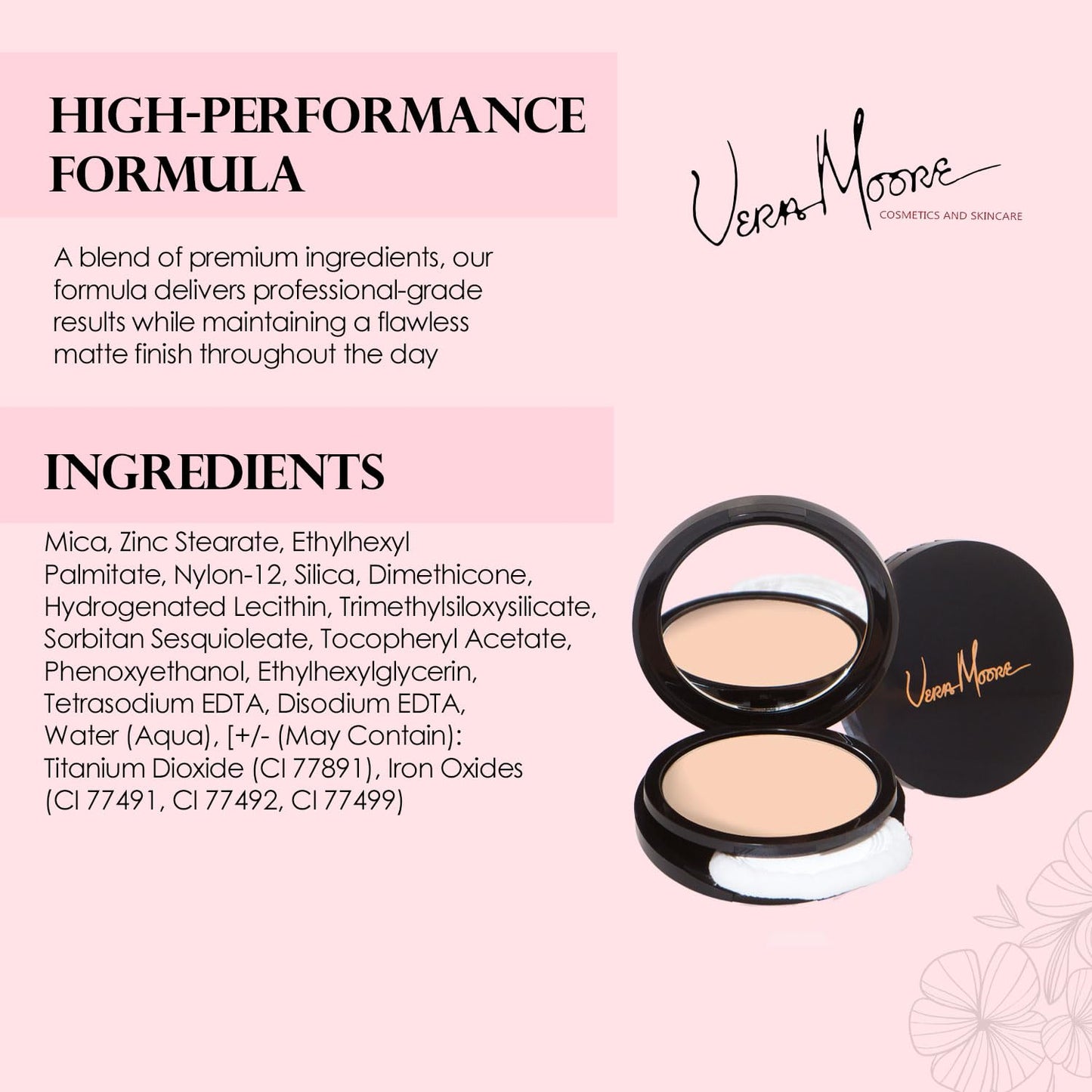 Vera Moore Matte Pressed Powder, Makeup Setting Compact Powder, Face Powder for Full Coverage with Flawless Finish, Shine, Matte Finish for All Skin Types (Shell, 12.5g)