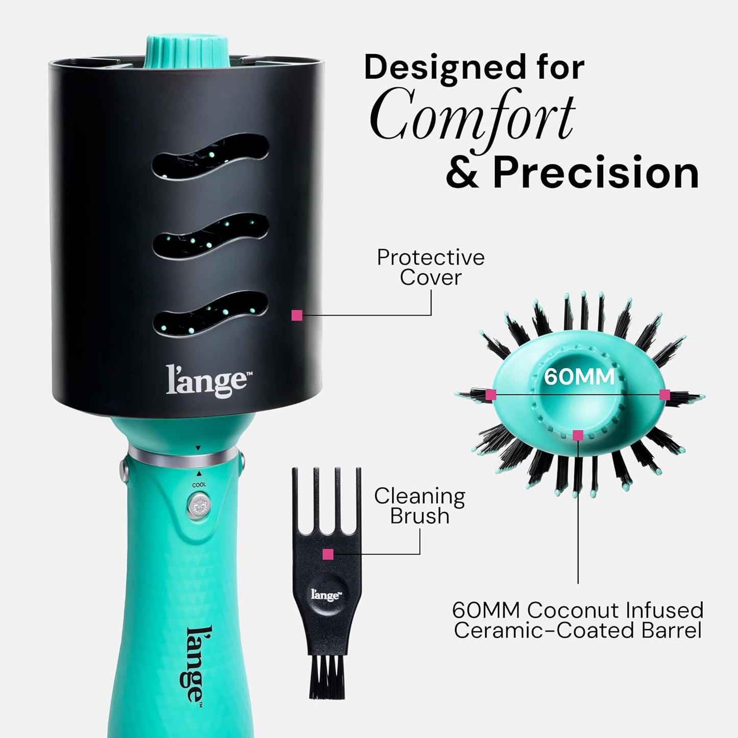 L'ANGE HAIR VolumeBoost 60mm 2-in-1 Ceramic Volumizing Brush Dryer | Fast Drying & Styling for Frizz-Free, Voluminous Blowouts | Ceramic-Coated Barrel (Blue)