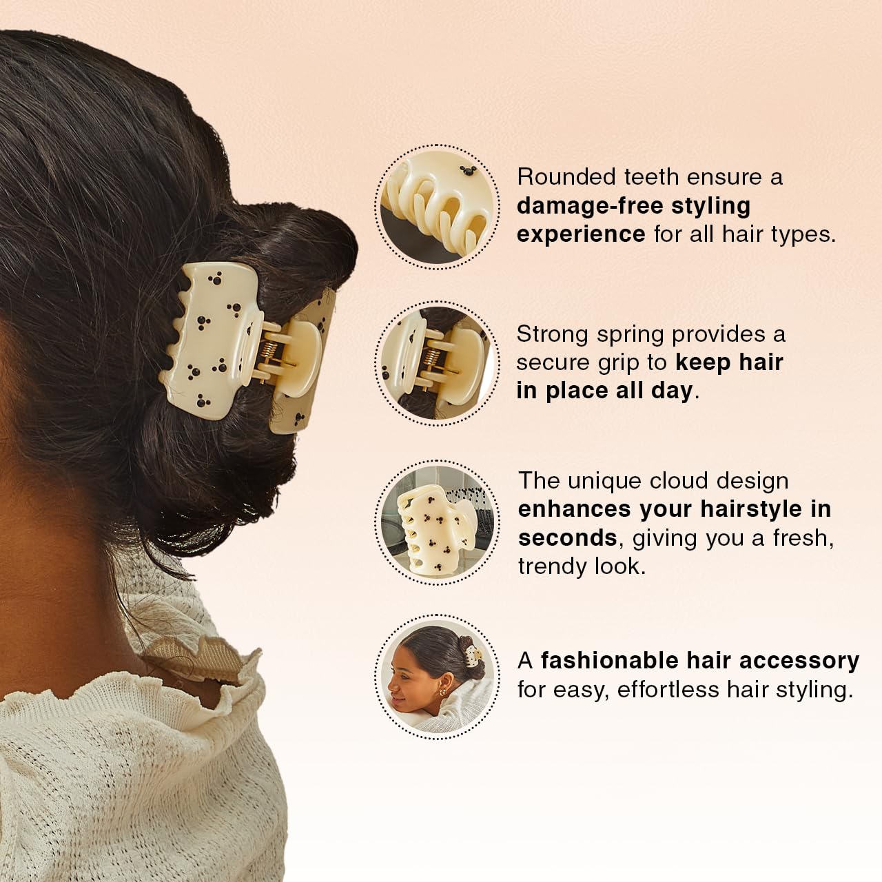 Kitsch & Mickey/Minnie Hair Claw with Rhinestones, Cute and Elegant Claw Clips for Girls, Great for All Hair Types, Recycled Plastic | Ideal Gifts for Women - 1pc (Cream)