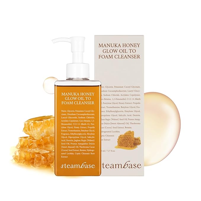 Manuka Honey Glow Oil to Foam Cleanser | Daily Makeup Remover and Cleanser, Hydrating Foaming Face Wash for Dry Skin, Double Cleanse | Korean Facial Oil Cleanser, 7.27 fl oz
