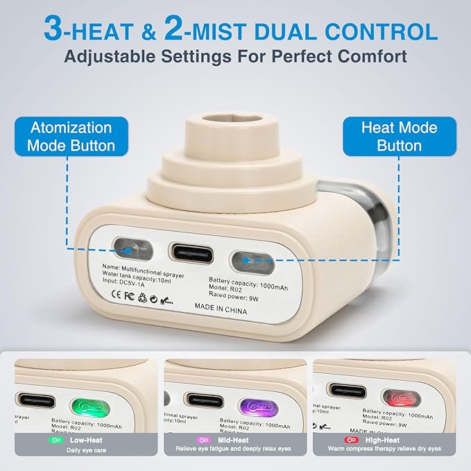 Eye Steamer for Dry Eyes Relief,Portable Electric Heated Steam Therapy Wand Machine with Moist Heat for Natural Tears Restore,Dry Eye Mist Sprayer with Warm Compress and 3 Level-Heat (Off white)
