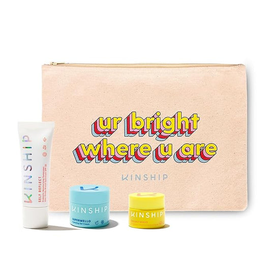 Kinship Gift Bundle - Self Reflect SPF, Supermello Moisturizer, Brightwave Vitamin C Eye Cream + Cosmetic Bag - 100% Mineral Sunscreen, Gel Cream + Hyaluronic Acid, Reduce Fine Lines + Under Eye Bags