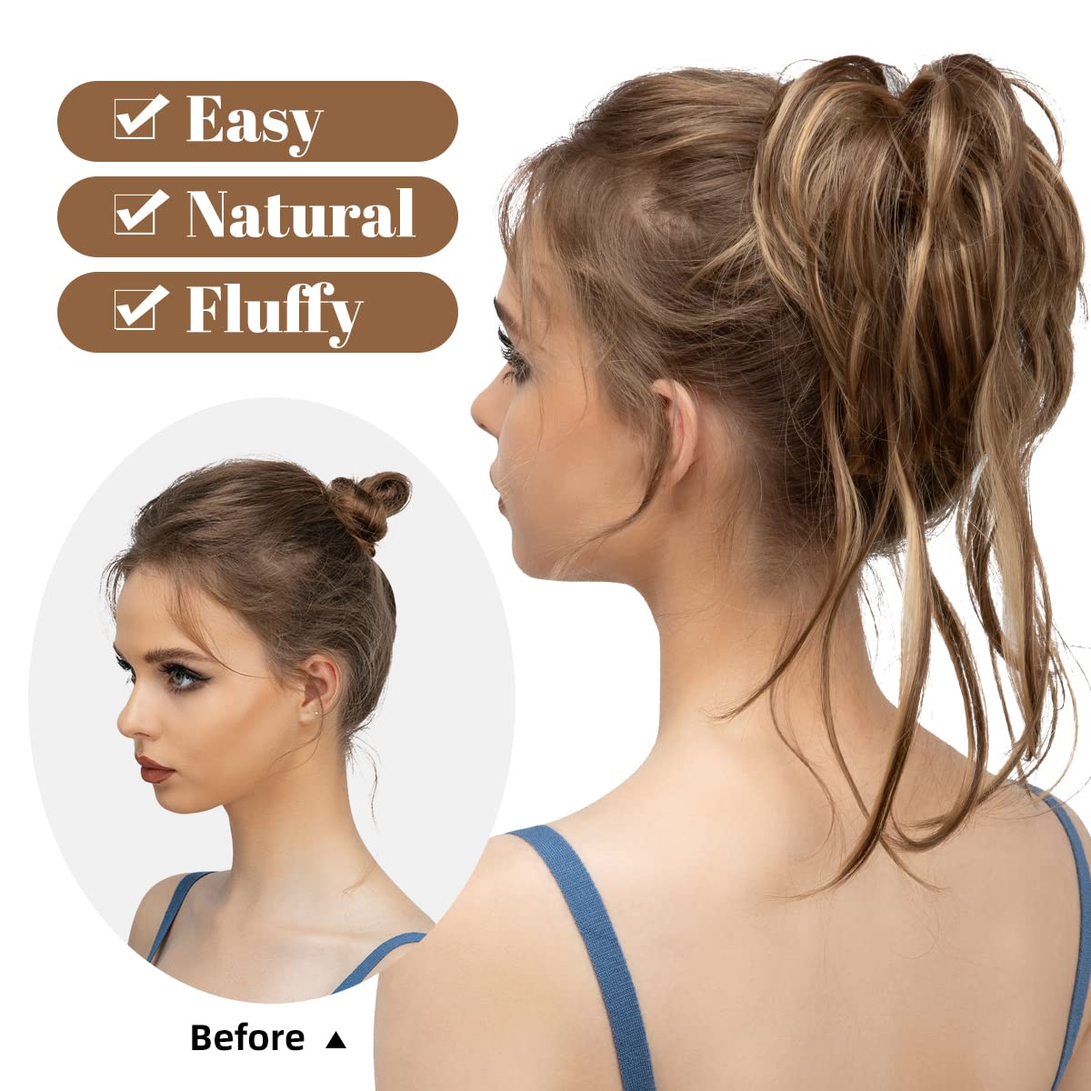 CJL HAIR Messy Bun Hair Piece Curly Hair Bun Extensions with Straight Tails Synthetic Hair Scrunchies Ponytail Hairpieces for Women Brunette/Honey Blonde