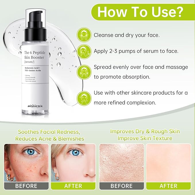 6X Peptide Skin Booster Toner Set, Peptide Boosting Facial Essence for Women, 1 Pcs Repairing Serum with Niacinamide & Hyaluronic Acid, Reduces Fine Lines & Wrinkles, Soothes Skin, Korean Skin Care