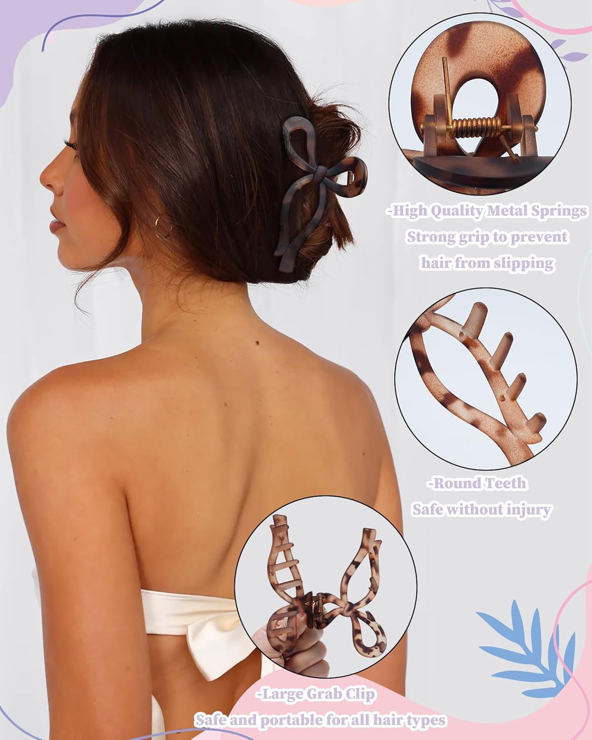 4 PCS Bow Hair Clips Bow Claw Clip for Women Nonslip Large Hair Claw Clips for Thin and Thick Hair Strong Hold Hair Bows (Black+Leopard Print (Light Brown+Dark Brown))