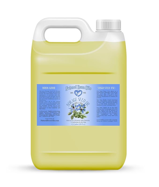 Natural Born Oils Borage Seed Oil, 1 Gallon, Organic, Cold-Pressed, High GLA, Vitamins & Minerals, Deep Skin Nourishment, Hair Vitality
