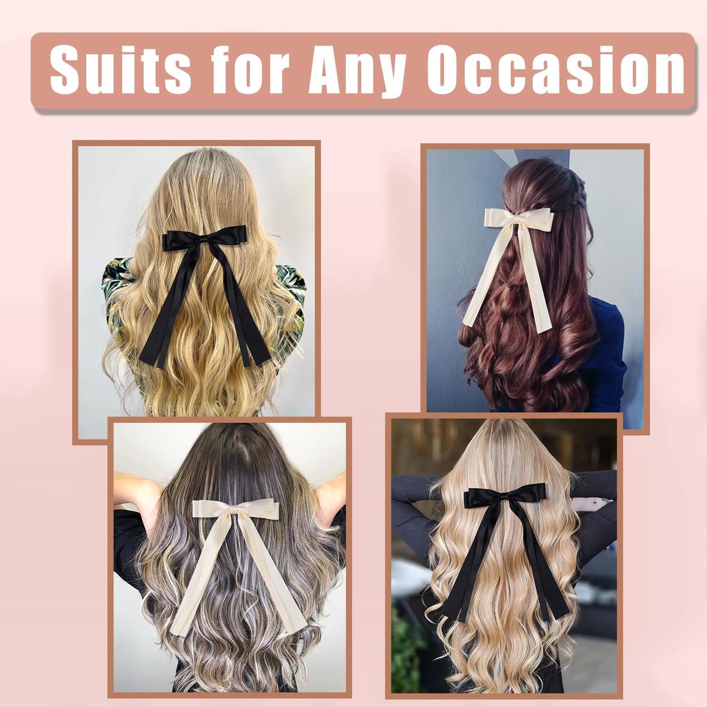 Oversized Long-tail Cute Aesthetic Hair Accessories: 4 PCS Ribbon Bows, Large Hair Barrettes, Big Bows for Girls (Beige, Black)