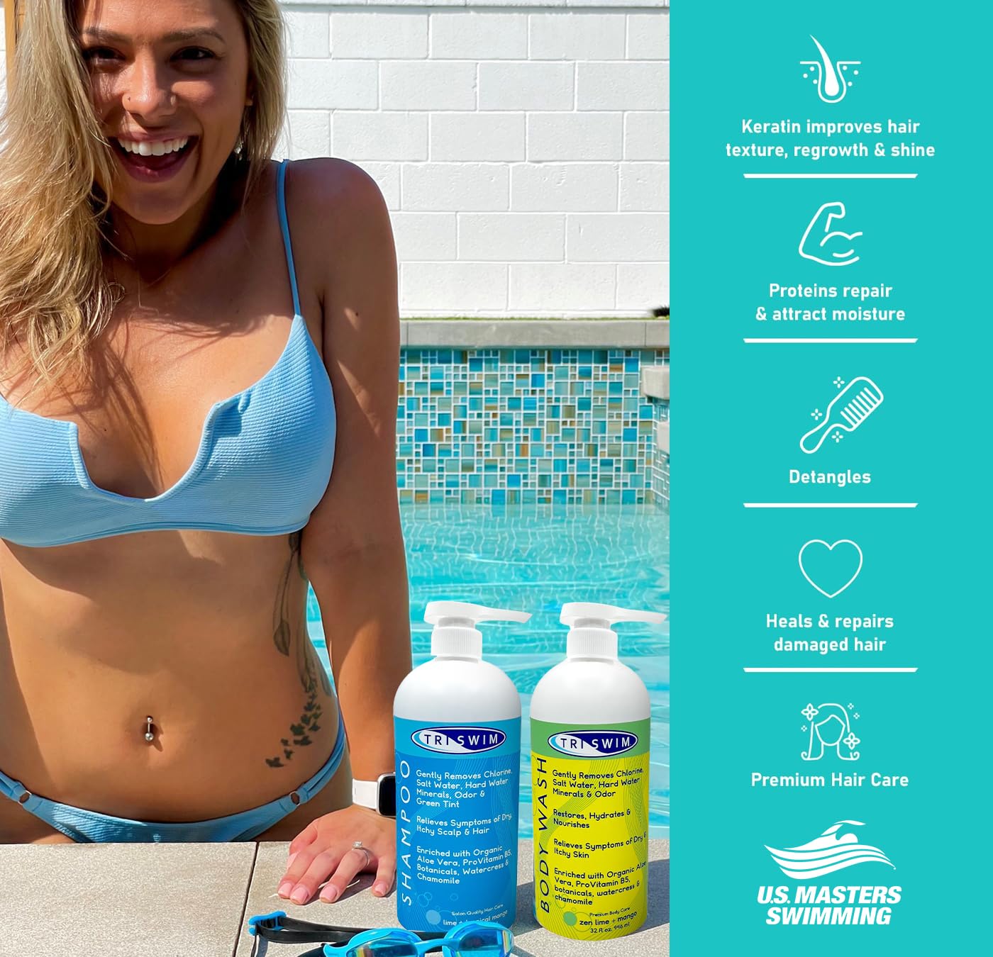 TRISWIM Swim Shampoo and Body Wash Bundle 32oz Bottles with Pump | Removes Chlorine, Saltwater, Hard Water, Bromine & Odors | Hydrates Hair & Skin - with Aloe Vera, Pro-Vitamin B5