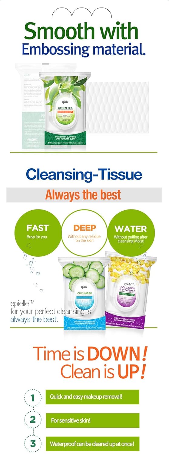 Epielle Green Tea Makeup Remover Wipes, Gentle Daily Facial Cleanser Towelettes, Remove Dirt, Oil & Waterproof Mascara, Hypoallergenic & Alcohol-Free, 60 Count (Pack of 2)