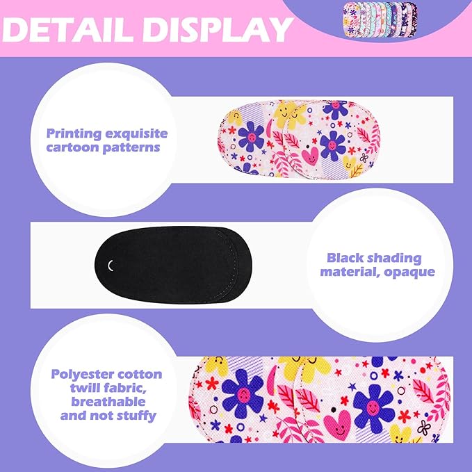 Newcotte 12 Pcs Eye Patch for Kids Toddler Reusable Adjustable Girls Boys Eyepatch for Glasses Left or Right Eye Patch, Assorted Patterns(Graceful)