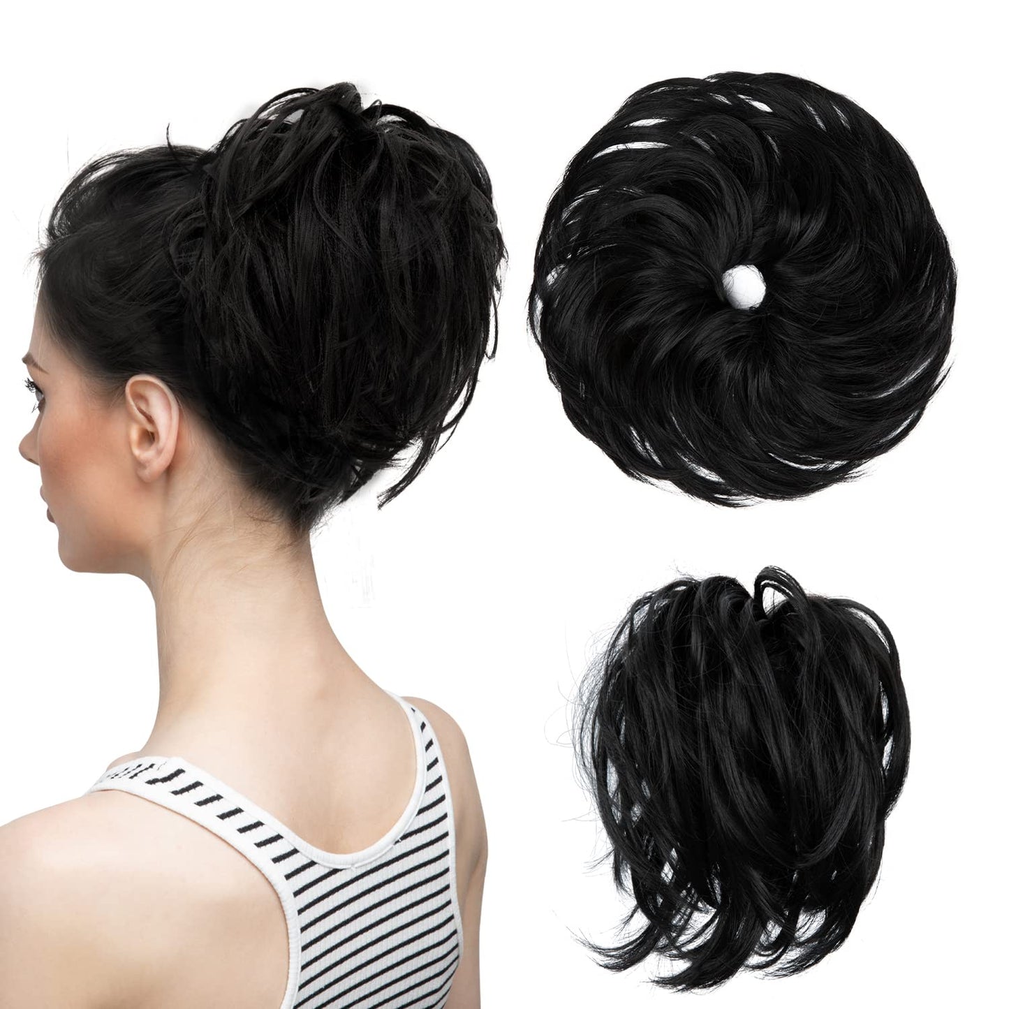 CJL HAIR Large Messy Bun Hair Piece Wavy Curly Scrunchies Synthetic Chignon Ponytail Hair Extensions Thick Updo Hairpieces for Women Jet Black