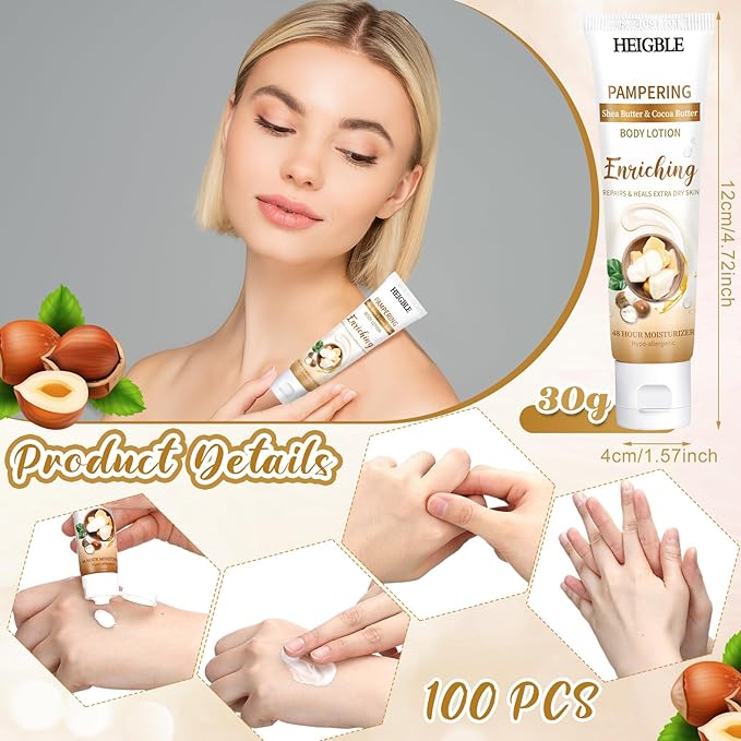 100 Pack Travel Size Body Lotion Shea Butter Cocoa Butter Body Cream 1 oz Dry Skin Moisturizer with Flip Cap for Extra Dry Skin, Inns, Hotels Resorts, Airlines, Offices, Gyms and More