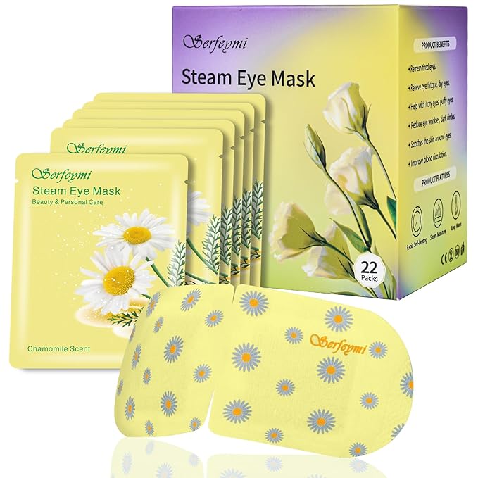 Serfeymi 22 Packs Steam Eye Mask, Warming Eye Mask Promote Sleep Eye Patch Self-Heating, Disposable Eye SPA Heated Eye Mask for Dry Eyes, Dark Circles, Tired Eyes, Eye Fatigue (Upgraded Chamomile)