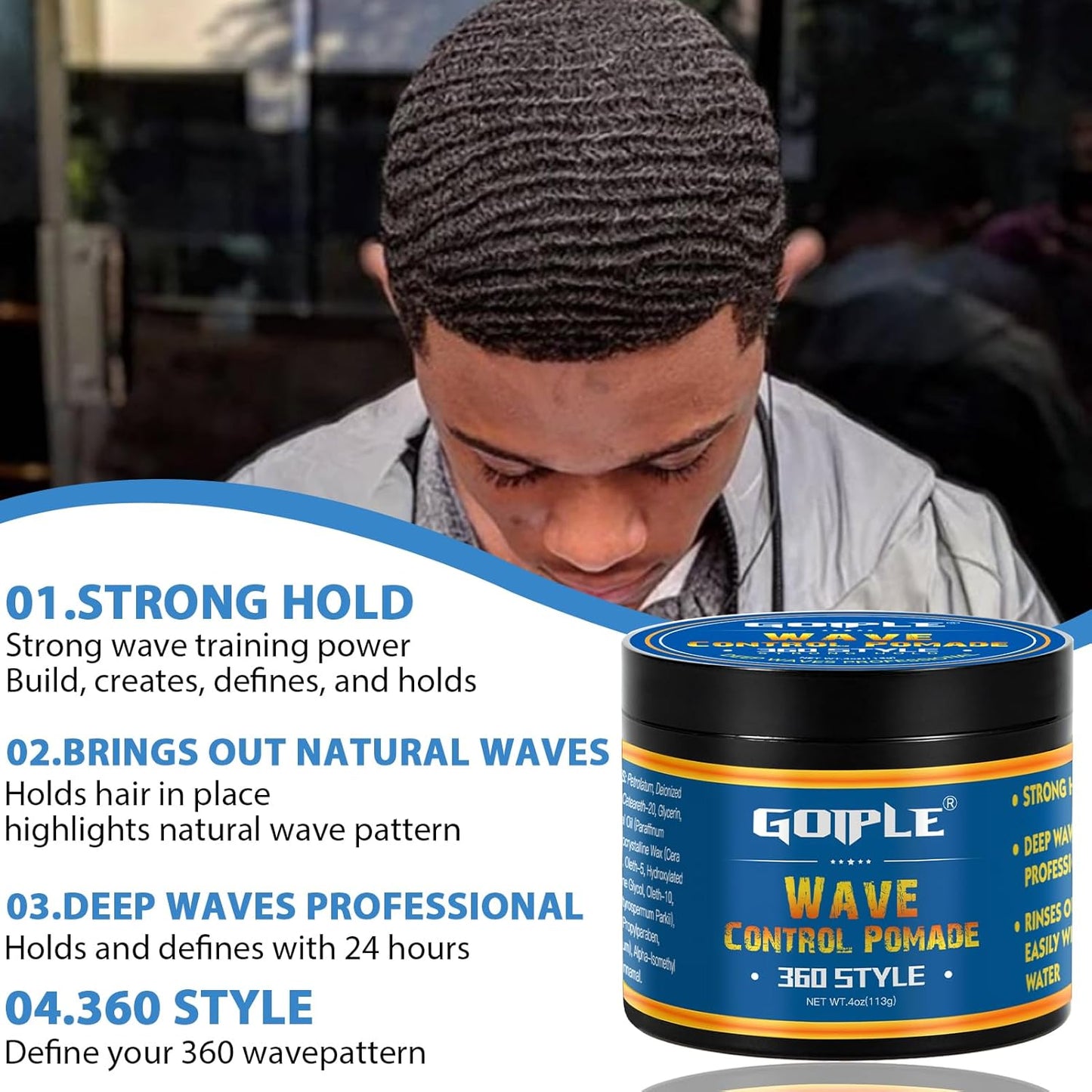 Natural Wave Pomade Strong Hold Easy Wash 360 Wave Training Hair Cream, Waves Grease for Men Water-Based Hair Cream for Wave, Moisture, Control and Silky Shine, Wave Pomade for Black Men 4oz