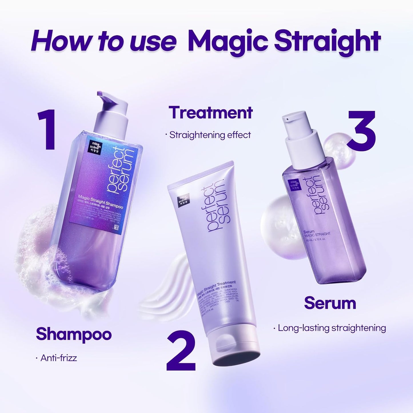Mise En Scene Perfect Serum Magic Straight Shampoo | Anti-Frizz, Heat Protectant, Hair Straightener Effect, Korean Shampoo for Frizz Control, Shine and Smoothing 17.92 Fl Oz