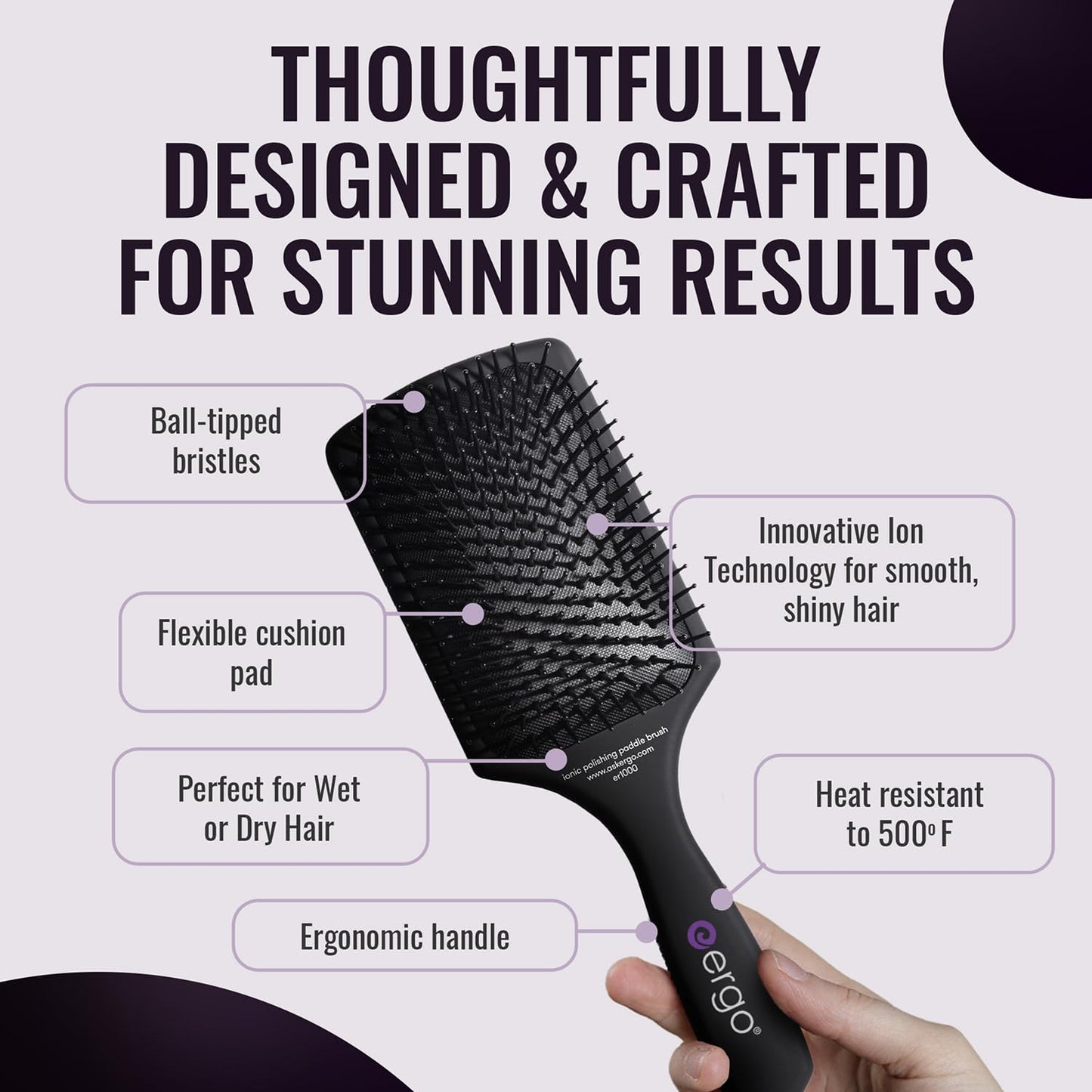 ERGO Ionic Paddle Hair Brush – Large Polishing Brush for Long-Lasting Shine, Detangling Brush for Wet & Dry Hair Care, Hair Styling Tool for Blow Drying (ER1000)