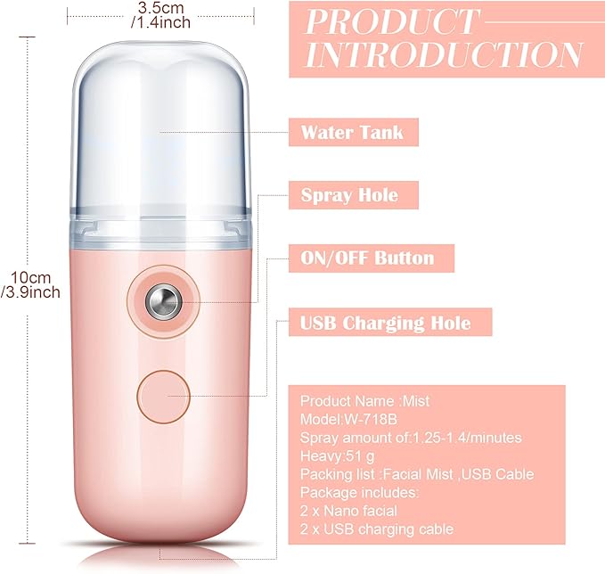 Honoson 2 Pieces Nano Facial Mister 30 ml Mini Face Humidifier Portable Facial Sprayer USB Rechargeable Handy Skin Care Machine for Face Hydrating, Daily Makeup (Coral Orange and White)
