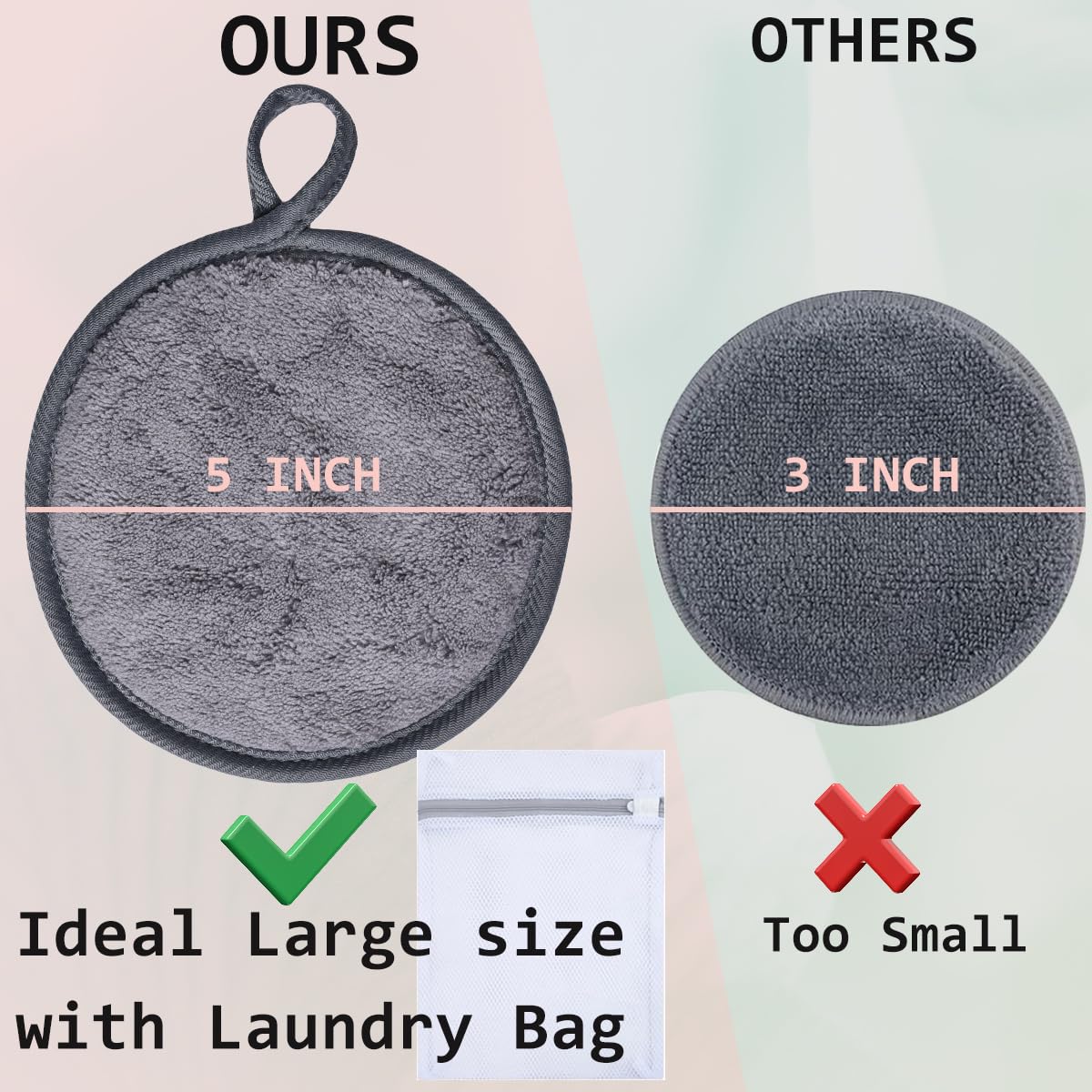 Large Reusable Makeup Remover Pads for Face, Soft Microfiber Makeup Remover Cloths Washable, Premiun 5 INCH Face Cleaning Pad with Laundry Bag, 24 Pack Grey