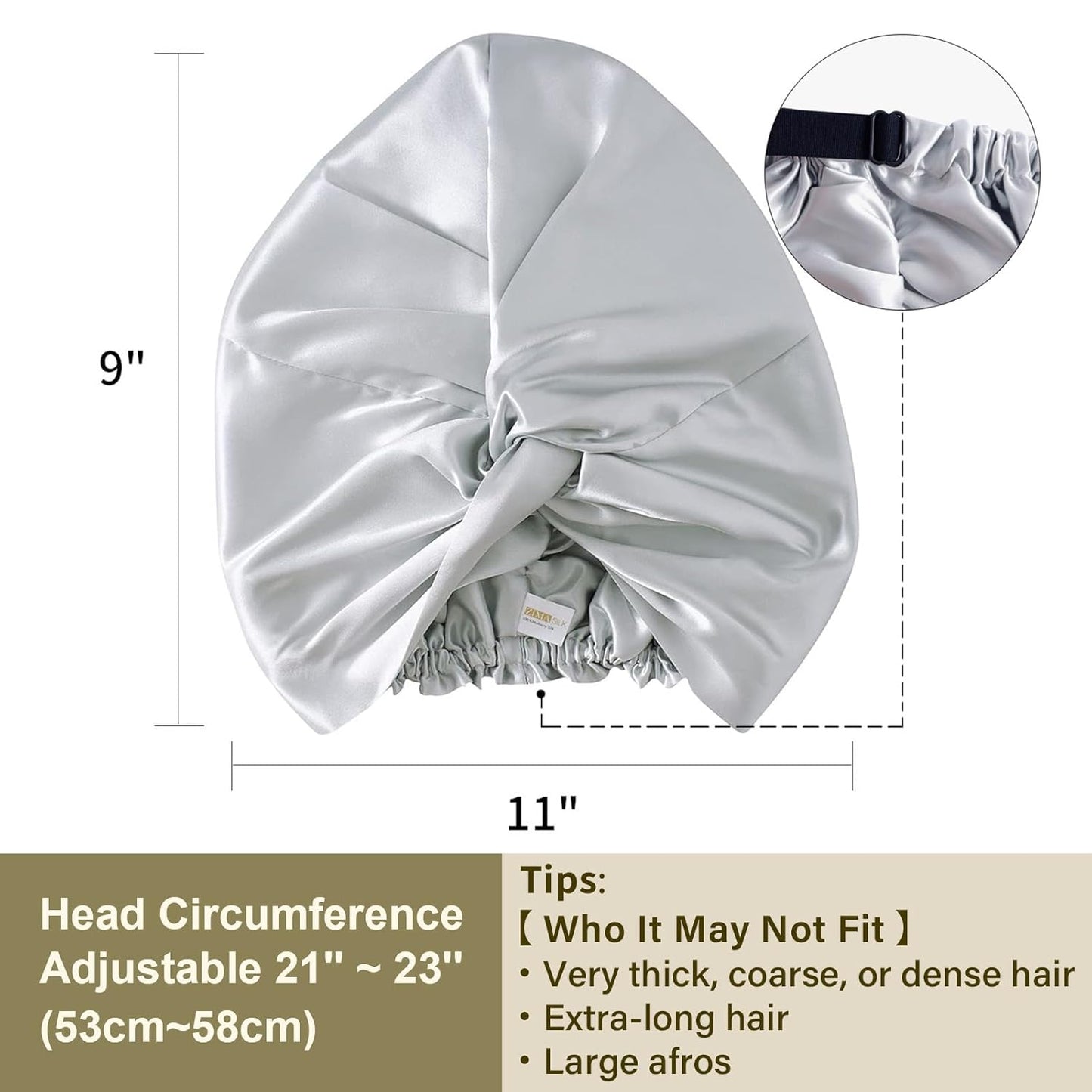 ZIMASILK 22 Momme 100% Mulberry Silk Bonnet for Sleeping & Women Hair Care, Highest Grade 6A Silk Hair wrap for Sleeping with Premium Elastic Stay On Head (1Pc, Light Grey)