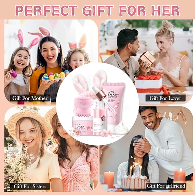 Skincare Set Sakura Mother's Day Gifts - Skin Care Set - Skincare for Teens 10-12 Hydrating - Travel Size Facial Kit for Women with Cleanser,Serum,Cream,Bunny Headband,Cleansing Brush（5pcs）