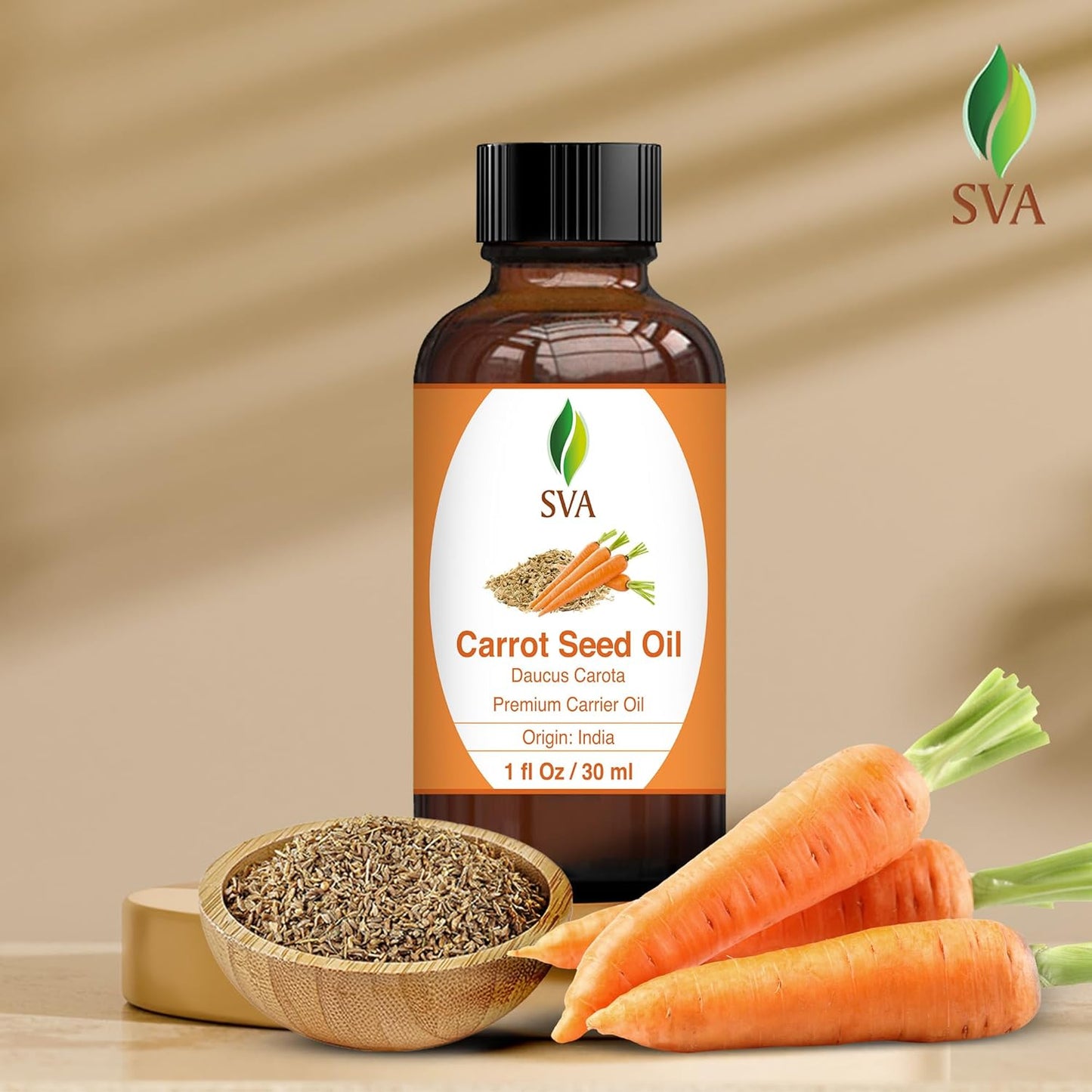 SVA Carrot Seed Oil - 1 Fl Oz – 100% Natural Cold Pressed Carrot Oil - for Face, Skin Care, Hair Care, Scalp Massage & Body Massage – Carrier Oil with Dropper