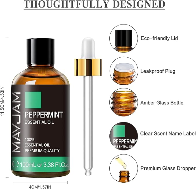 Peppermint Essential Oil, MAYJAM Premium Pure Essential Oils, 3.38FL.OZ Peppermint Oil for Diffusers Soap Candle Making, Ideal for Home Office Car Yoga Use