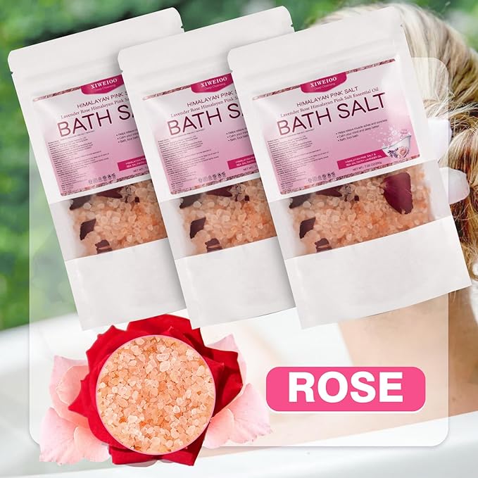 Bath Salts KIT Pack of 3 Natural Epsom Salt Rose Essential Oils Relaxes and Better Sleep Himalayan Pink Salt Foot Soak Tea Tree Oil Himalayan Foot Bath Salts Set