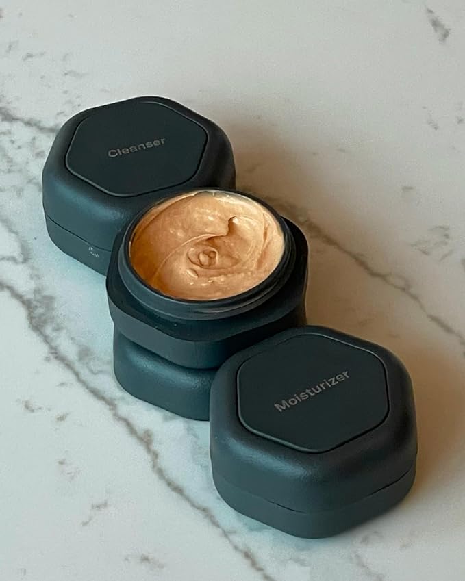 Cadence Travel Containers - Basic Skincare Set - Magnetic Travel Capsules - Facial Cleanser, Moisturizer, Sunscreen - 3 Small Capsules (0.56oz) with Cleanser, Moisturizer & Sun-Icon Label - Evergreen