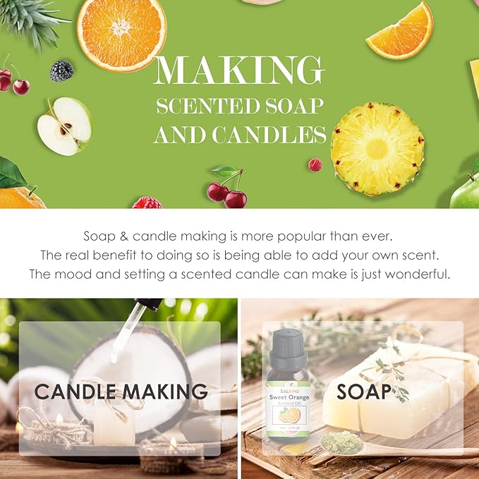 SALKING Fruity Fragrance Essential Oils Set, Essential Oil Gift Set Scented Oils for Diffuser Candle Making - Pineapple,Guava, Raspberry, Green Apple, Orange, Cherry